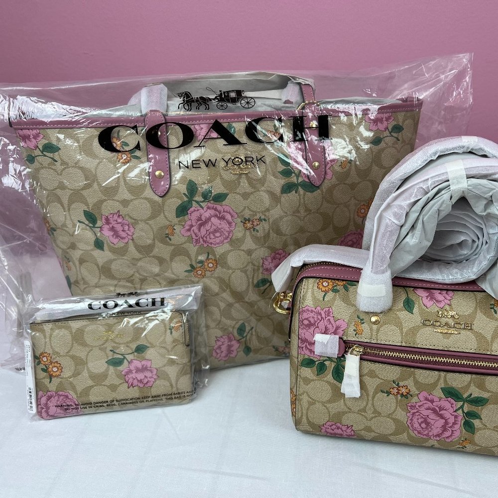 SOLD NWT Beautiful Coach Large Tote, Purse & Wristlet Pink Roses Coach Logo